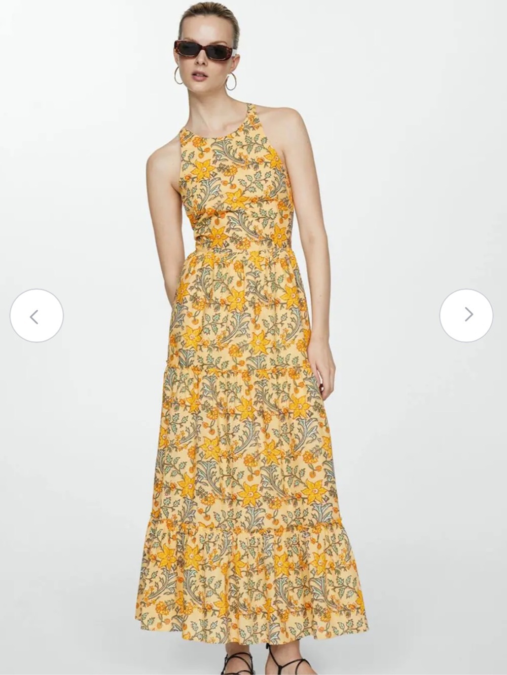 Mango Halter Neck Lace-Up Back Tiered Floral Maxi Dress in Yellow - Picture 2 of 13